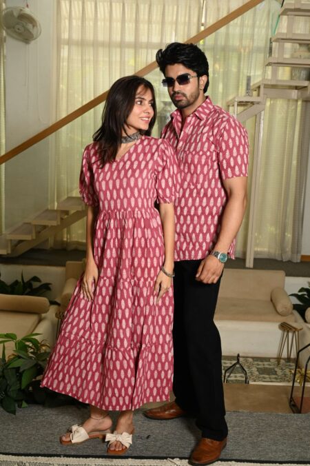 Couple Matching Pink Cotton Anarkali Midi Dress and Shirt Set ? White Handblock Leaf Print